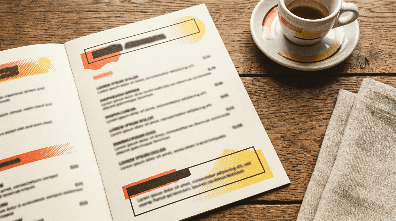 A printed restaurant menu photographed from above on a table