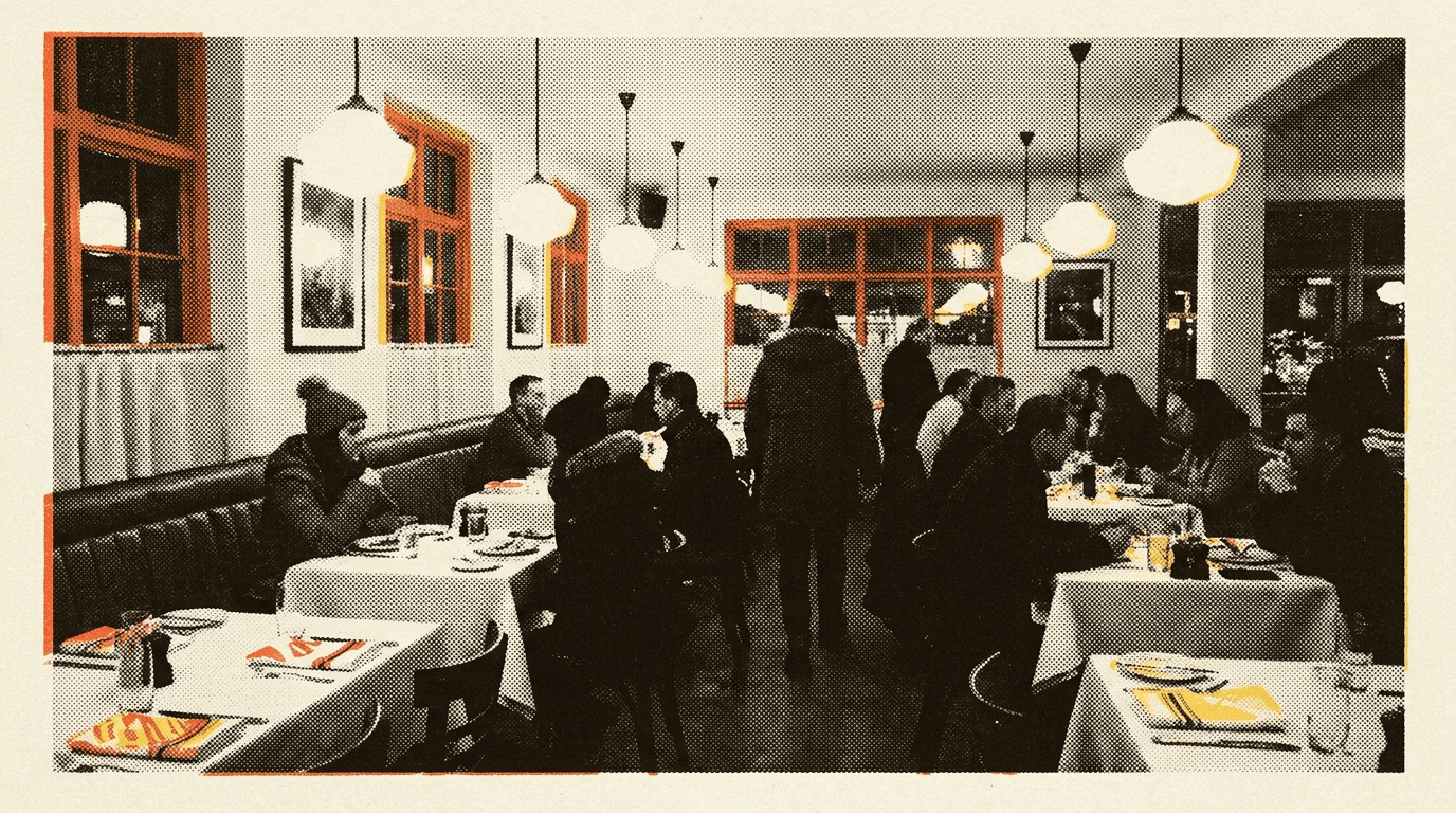 A warm British restaurant dining room